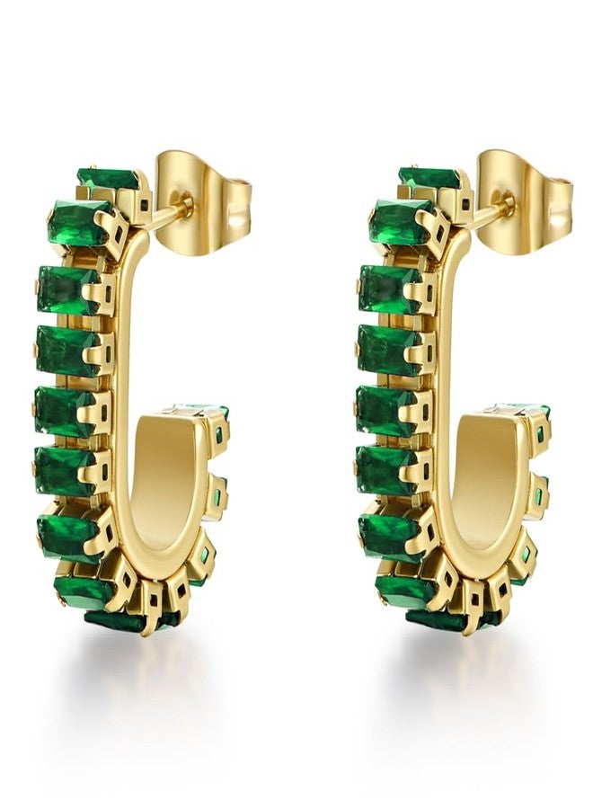 FRUMOS Green crystal huggie gold hoop earrings for women Girls,14K Gold Plated with 925 Sterling Silver Post Cubic Zirconia dainty cute Earrings| CZ Stud Earring (Green CZ C Shape) - Image 1
